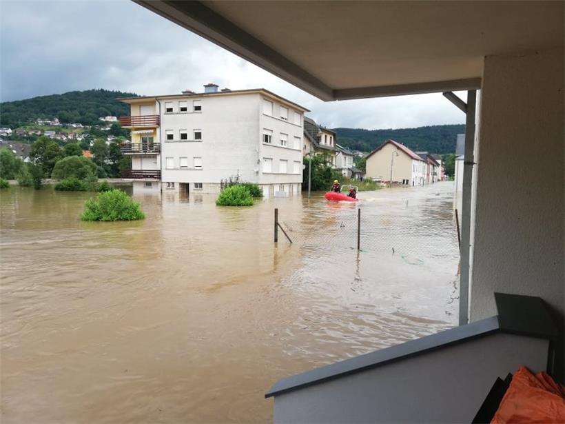 Der Wasserspiegel der Sauer an seinem Höhepunkt in Bollendorferbrück
