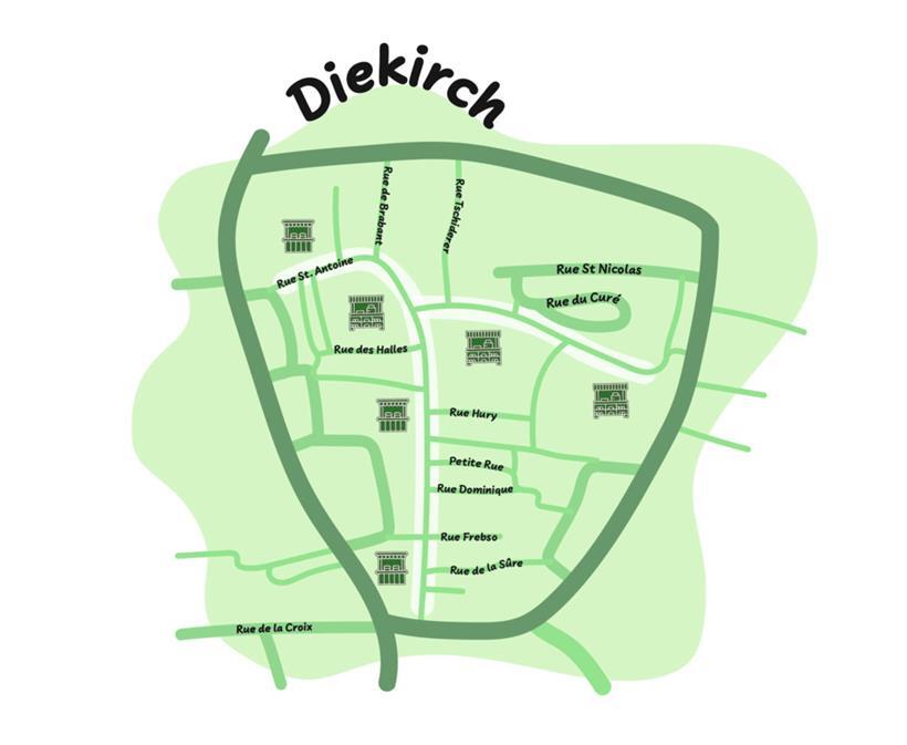 Der Wochenmarkt in Diekirch erstreckt sich über mehrere Straßen in der Fußgängerzone der Innenstadt. Die meisten Stände finden sich entlang der rue Saint Antoine, der rue du Marché sowie der Groussgaass.
