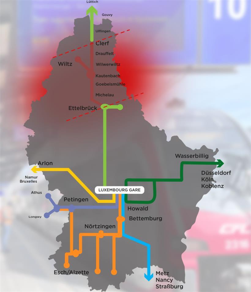 Der Zugverkehr im rot markierten Bereich fällt noch für mehrere Wochen aus
