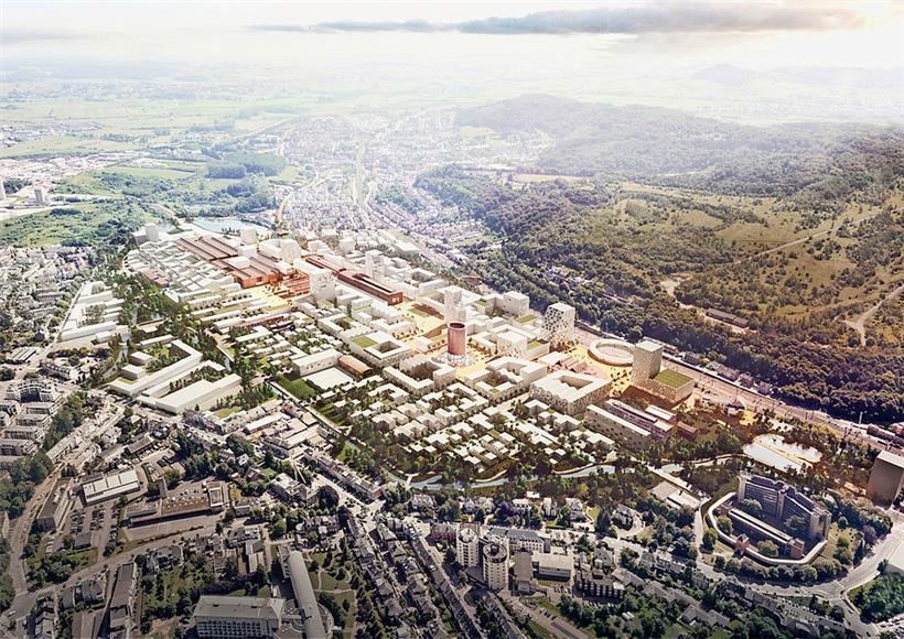 Der (alte) Masterplan verdeutlicht das Konzept: Zur Alzette hin wird flach gebau...