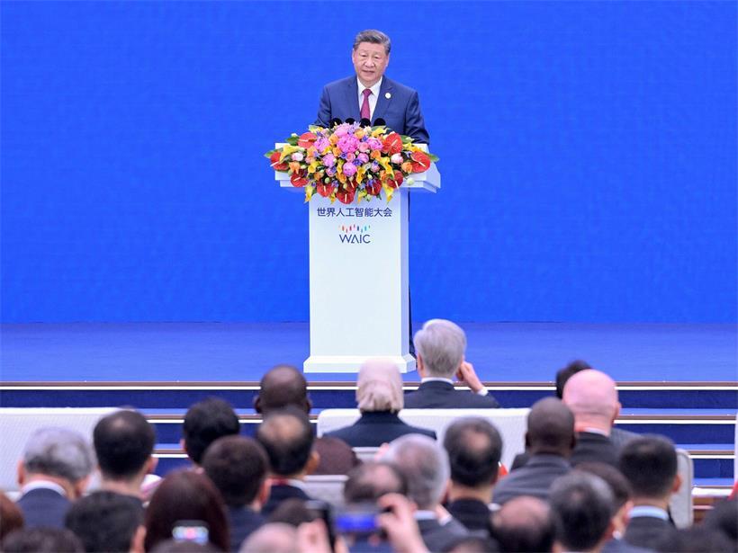 Der chinesische Präsident Xi Jinping bei seiner Rede während der Eröffnungszeremonie der World Artificial Intelligence Conference (WAIC) in Shanghai