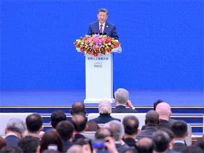 Der chinesische Präsident Xi Jinping bei seiner Rede während der Eröffnungszeremonie der World Artificial Intelligence Conference (WAIC) in Shanghai