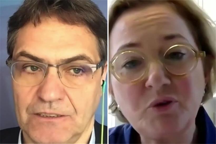 Der deutsche Abgeordnete Peter Lieser (links) hat bei einem EU-Talk gegenüber Paulette Lenert scharfe Kritik an der Corona-Politik Luxemburgs geübt
