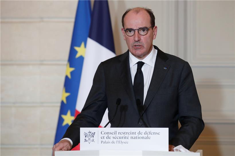 Der französische Premierminister Jean Castex hält am 29. Januar 2021 im Elysee-Palast in Paris eine Rede im Anschluss an eine Sitzung des Sanitätsrates, um neue Maßnahmen zur Eindämmung der Ausbreitung der Pandemie Covid-19, die durch das neuartige Coronavirus verursacht wird, anzukündigen.
