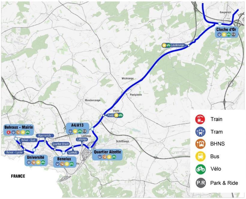 Der geplante Streckenverlauf der Tram in den Süden
