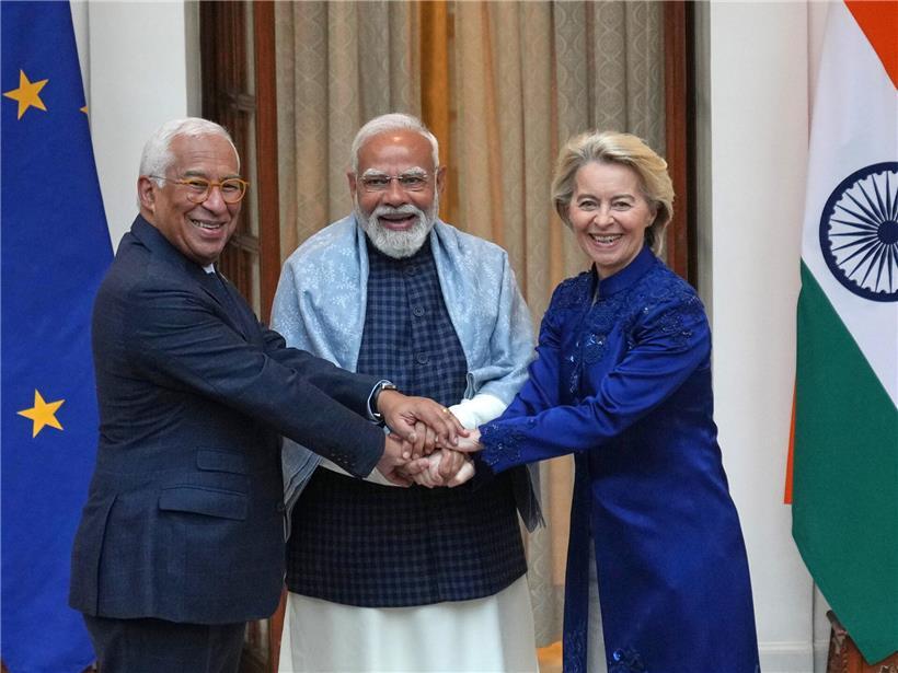 Narendra Modi begrüßt Antonio Costa und Ursula von der Leyen vor EU-Indien-Gipfel in Neu-Delhi