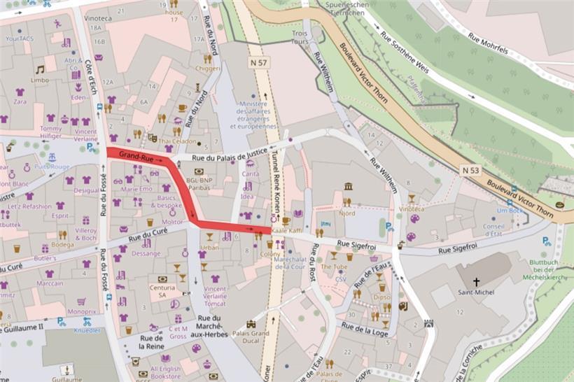 Der rot markierte Teil wird jetzt dem motorisierten Verkehr (weitgehend) entzogen – insgesamt über eine Länge von rund 150 Metern
