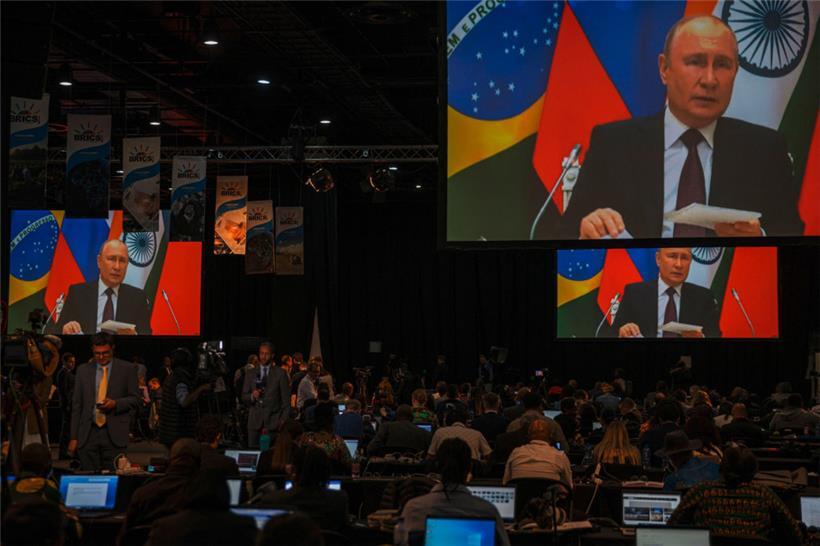 Der russische Präsident Wladimir Putin hielt am 24. August eine Videoansprache an die Teilnehmer des Brics-Gipfels in Südafrika
