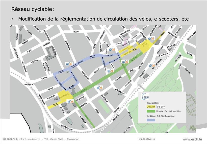 Der zukünftige Plan: In Grün die für Fahrräder und Tretroller von 10 bis 20 Uhr gesperrten Fußgängerzonen, in Blau die Ausweichrouten und in Gelb die zugelassenen Bereiche
