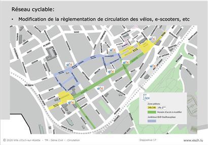 Der zukünftige Plan: In Grün die für Fahrräder und Tretroller von 10 bis 20 Uhr gesperrten Fußgängerzonen, in Blau die Ausweichrouten und in Gelb die zugelassenen Bereiche
