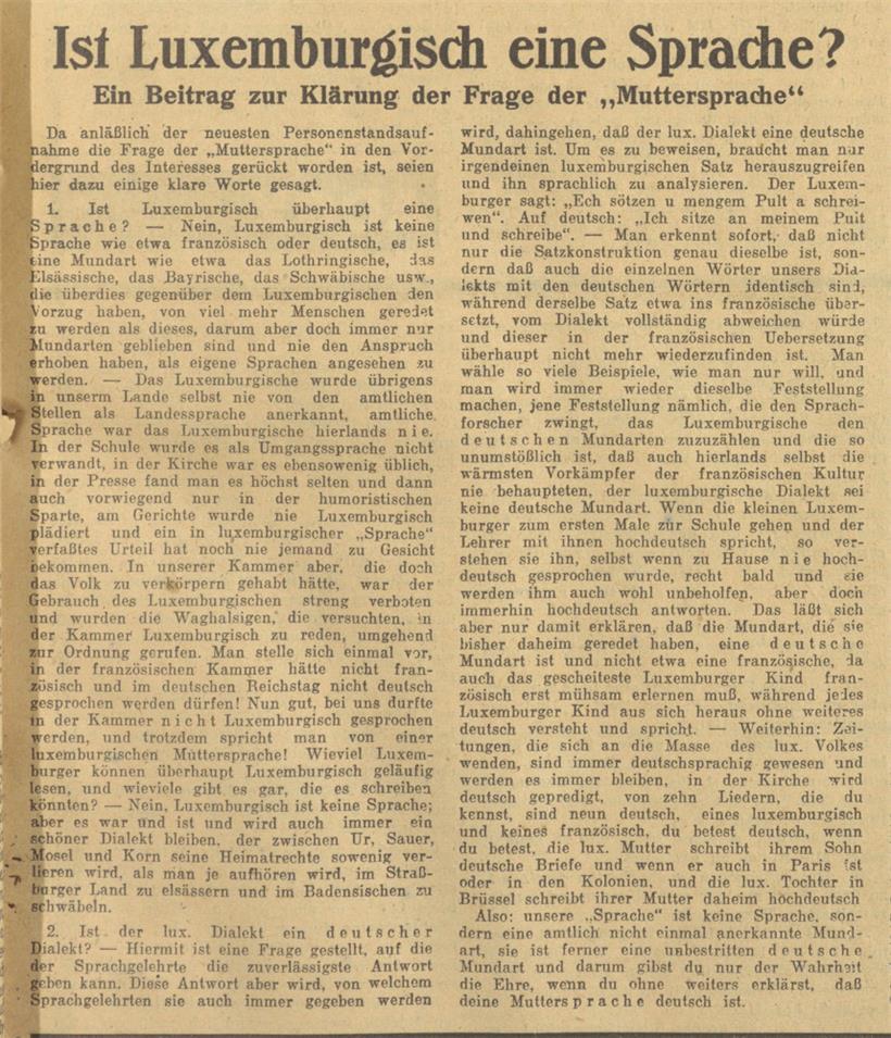 Deutscher Propagandaartikel über die luxemburgische Sprache
