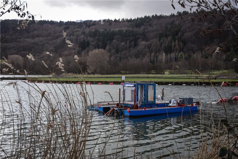 Die 40 Zentimeter dicke Schlammschicht wird mit einem Spezialboot abgetragen
