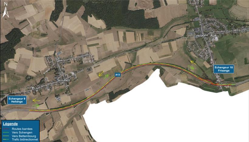 Die A13 in Richtung Schengen wird zwischen den Autobahnkreuzen Hellingen und Frisingen vom 14. bis zum 17. April gesperrt
