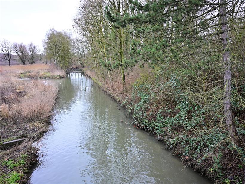 Alzette-Fluss bei Esch, menschlich gestaltete Ufer mit natürlicher und urbaner Landschaft im Wandel