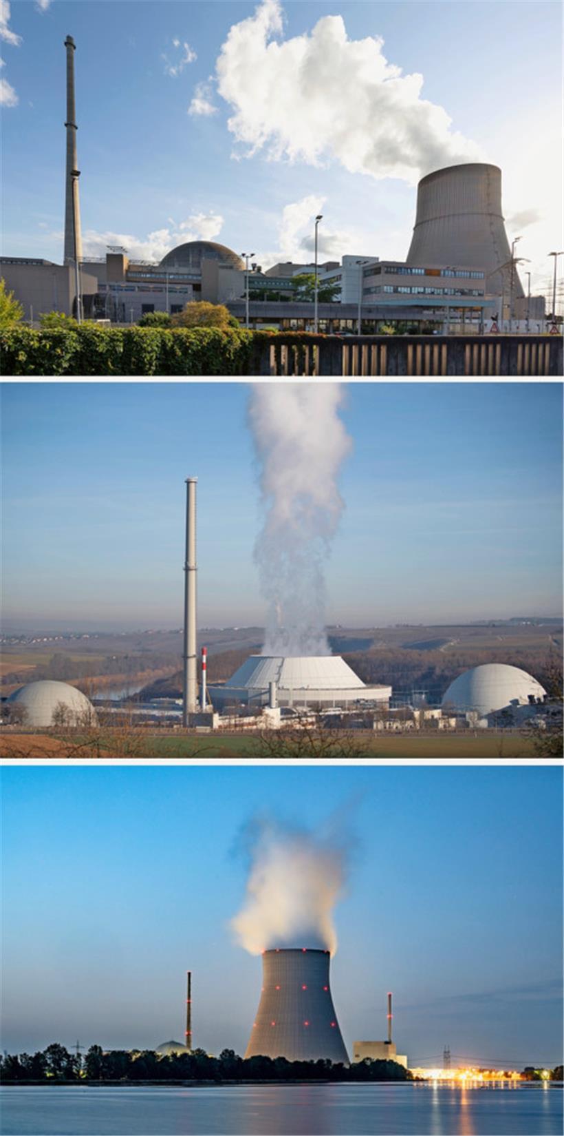 Die Bildkombo zeigt das Kernkraftwerk Emsland mit seinem Kühlturm (oben), das Kernkraftwerk Neckarwestheim (M) mit aufsteigendem Dampf aus dem Kühlturm und das Kernkraftwerk Isar 2. Die drei Kraftwerke sollen nach einem Machtwort des Kanzlers in den Streckbetrieb.
