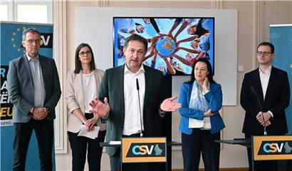 Die CSV-Kandidaten für die Europawahlen am Dienstag während der Präsentation des Wahlprogramms: (v.l.) Guy Breden, Martine Kemp, Christophe Hansen, Isabel Wiseler-Lima und Metty Steinmetz. Mélanie Grün war nicht anwesend.
