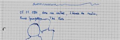 Die Entdeckung des Intros zu „The River“ hat mich so beeindruckt, dass ich diesen Moment in meinen persönlichen Notizen jener Woche festgehalten habe, geschrieben mit dem neuen Füllfederhalter, den meine damalige Freundin mir zu meinem 22. Geburtstag, am 13. November 1986, geschenkt hatte. Ausschnitt aus den Notizen.
