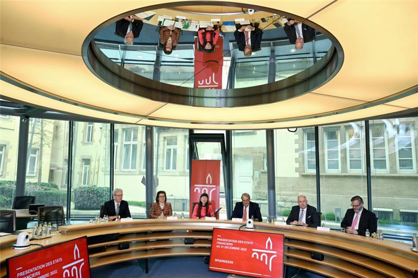 Die Geschäftsführung der Spuerkeess: (v.l.n.r.) Romain Wehles, Doris Engel, Françoise Thoma, Camille Fohl, Aly Kohll und Olivier Wantz
