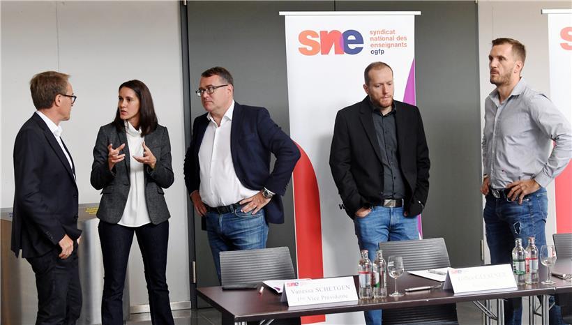 Die Gewerkschaftsvertreter des SNE/CGFP Gilles Glesener, Vanessa Schetgen, Patrick Remakel, Laurent Berck und Nicolas Thill präsentieren am Dienstag ihre Sicht zu „Rentrée“ und Bildungspolitik
