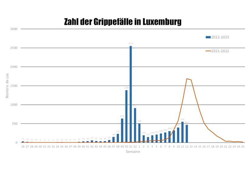 Die Grafik zu den saisonalen Influenza-Verläufen zeigt: In der aktuellen Saison (blaue Säulen) gab es nach der ersten Welle (Typ A) einen weiteren Anstieg, diesmal der Typ-B-Variante. Erstmals seit Wochen wurden aber weniger Fälle registriert. In der vergangenen Saison 21/22 (Linie) kam die Welle erst viel später.
