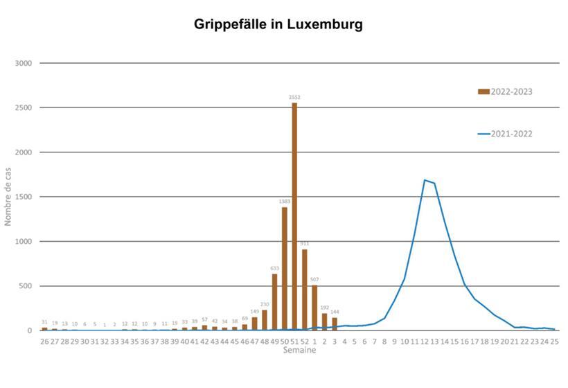 Die Grippewellen der Saison 2021/2022 (in Blau) und 2022/2023 (in Braun) sind hier auf einem Wochen-Zeitstrahl abgebildet. Die jüngste Grippewelle kam demnach deutlich früher als die vorherige – und war offenbar auch etwas kürzer, dafür aber heftiger (Quelle: Gesundheitsministerium, Bearbeitung durch Editpress)
