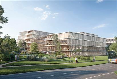 Die Grundstruktur hinter der Glasfassade besteht aus V-förmigen Holzelementen. Sie sind 40 Prozent leichter als Beton und verursachen beim Bau weniger Lärm und Schmutz.
