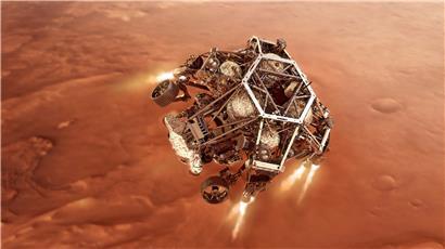 Die Illustration zeigt den Nasa-Rover „Perseverance“ bei der Landung auf dem Mars
