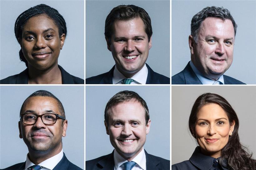Die Kandidaten: (v.o.l.n.u.r.): Kemi Badenoch, Robert Jenrick, Mel Stride, James Cleverly, Tom Tugendhat und Priti Patel
