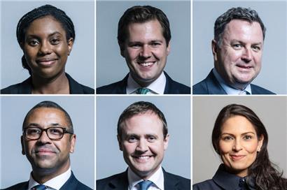 Die Kandidaten: (v.o.l.n.u.r.): Kemi Badenoch, Robert Jenrick, Mel Stride, James Cleverly, Tom Tugendhat und Priti Patel
