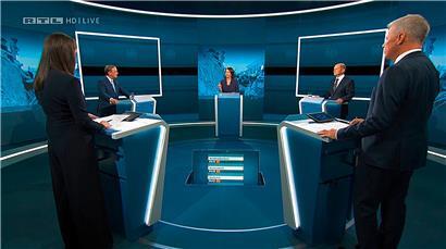 Die Kanzlerkandidaten Armin Laschet (hinten vlnr., CDU), Annalena Baerbock (Bündnis 90/Die Grünen) und Olaf Scholz (SPD) beim ersten von drei Triellen am vergangenen Sonntag 
