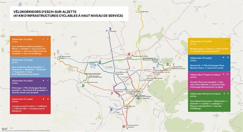 Esch will seine Lücken im Radwegenetz schließen Die Karte zeigt die geplanten acht Fahrradkorridore (nicht das gesamte Radwegenetz)