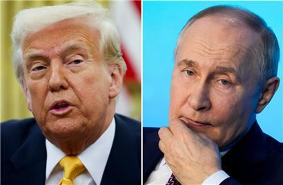 Die Kombo aus Archivbildern zeigt US-Präsident Donald Trump im Oval Office des Weißen Hauses am 07.03.2025 und den russischen Präsidenten Wladimir Putin während eines Technologieforums in Moskau am 21.02.2025
