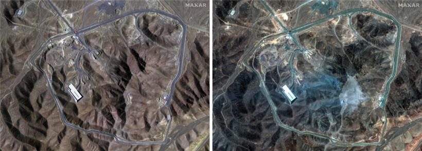 Die Kombo der von Maxar Technologies zur Verfügung gestellten Satellitenbilder zeigt die Anreicherungsanlage Fordo im Iran vor den US-Angriffen am 20. Juni 2025 (l) und nach den Angriffen am 22. Juni 2025 (r). 
