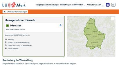 Die „LU-Alert“-Meldung vom Sonntagnachmittag stuft die Rauchschwaden für das gesamte Land Luxemburg als ungefährlich ein