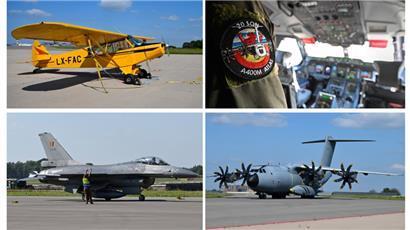 Die Lockheed F-16 ist auf dem Foto unten links zu sehen. Rechts ein Airbus A400M, oben links eines der ersten drei Flugzeuge der Luxemburger Armee.
