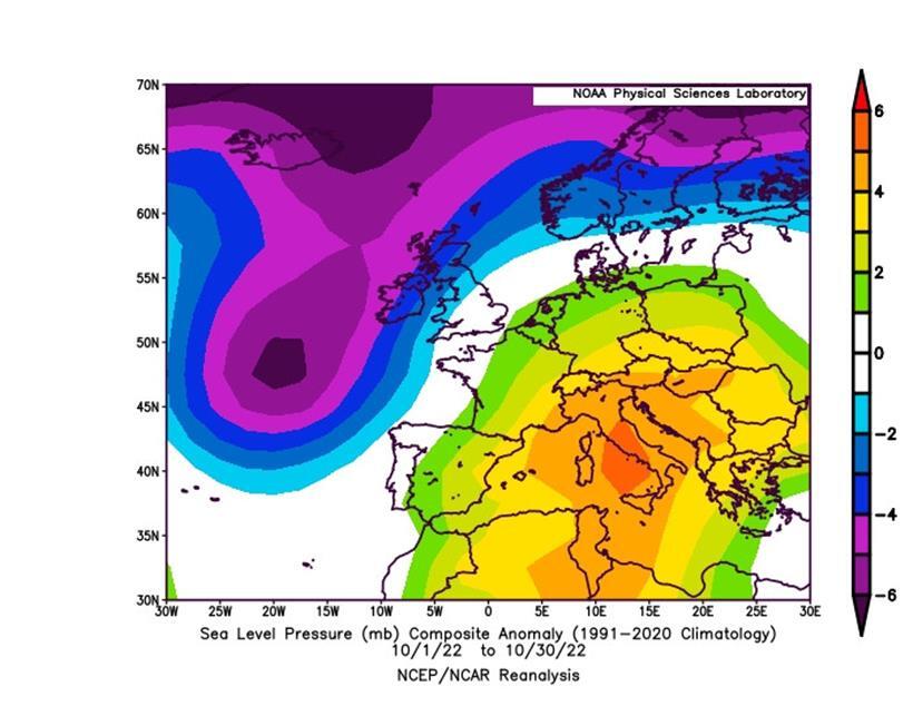 Die Meteolux-Grafik zeigt die Anomalie des Luftdrucks auf Meereshöhe (hPa) für den Monat Oktober 2022 im Vergleich zum Normalwert, der für den Zeitraum 1991-2020 berechnet wurde.
