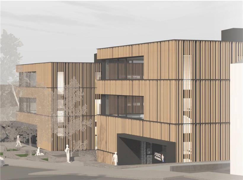 Gebäude mit klar getrennten Flügeln: Polizei auf der einen Seite, Bildungsministerium auf der anderen Seite