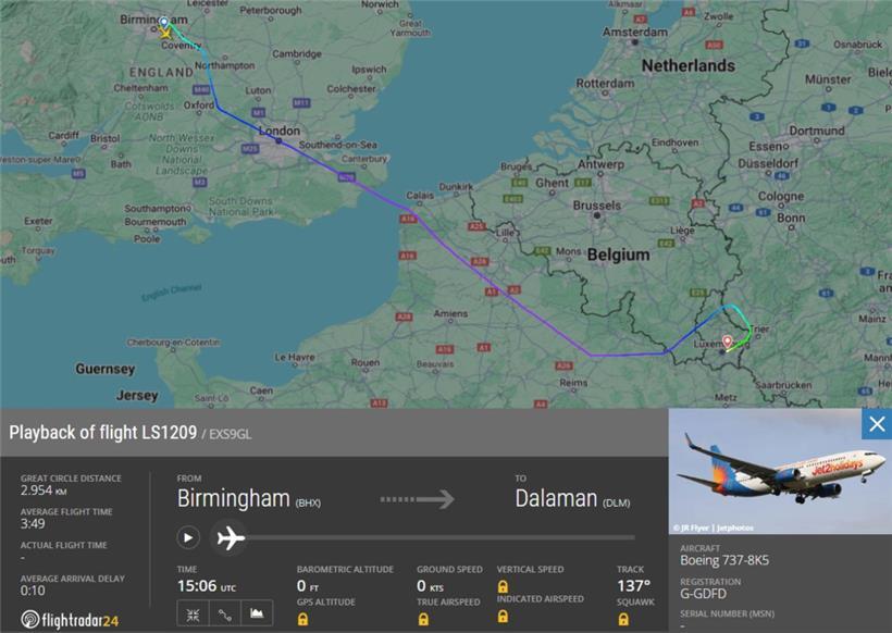 Die Route des Jet2-Flugzeugs
