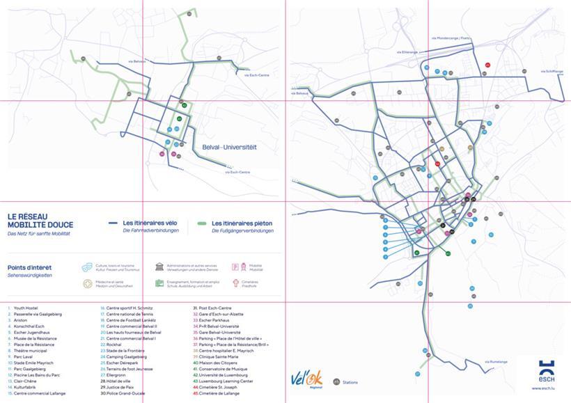 Die Rückseite mit dem Plan der sanften Mobilität und den Sehenswürdigkeiten
