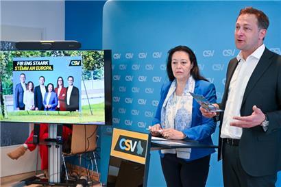 Die Spitzenkandidaten Isabel Wiseler-Lima und Christophe Hansen geben Erklärungen zur CSV-Wahlkampagne
