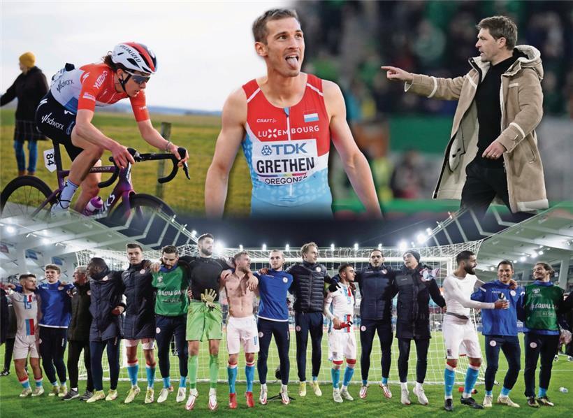 Die Titelverteidiger sind auch in diesem Jahr nominiert: Radsportlerin Christine Majerus (links, oben), Charles Grethen (Mitte, oben), Luc Holtz (rechts, oben) und die Fußball-Nationalmannschaft (unten)
