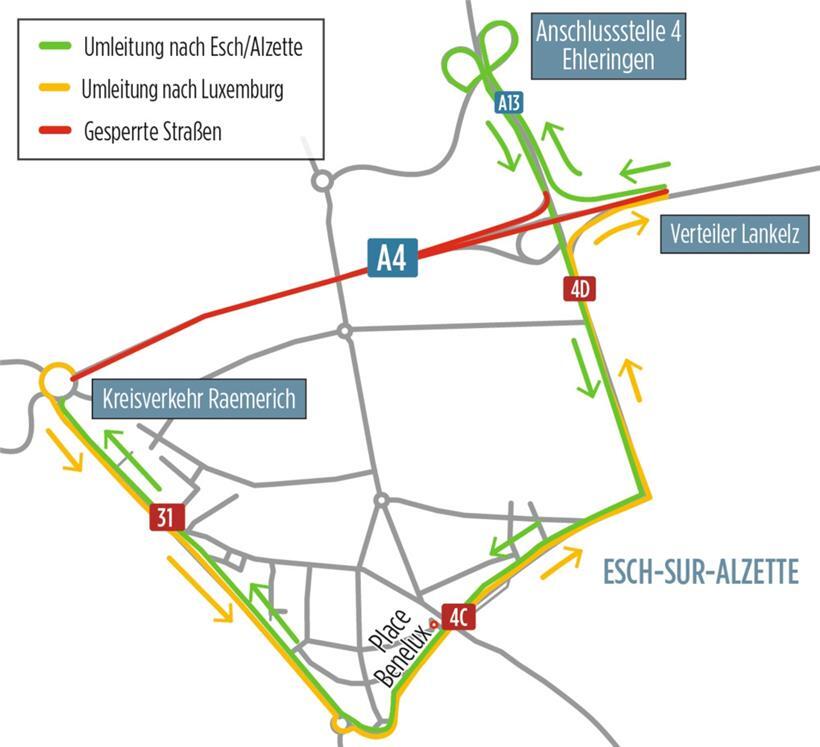 Die Umleitung der geschlossenen A4 führt die Autofahrer quer durch Esch
