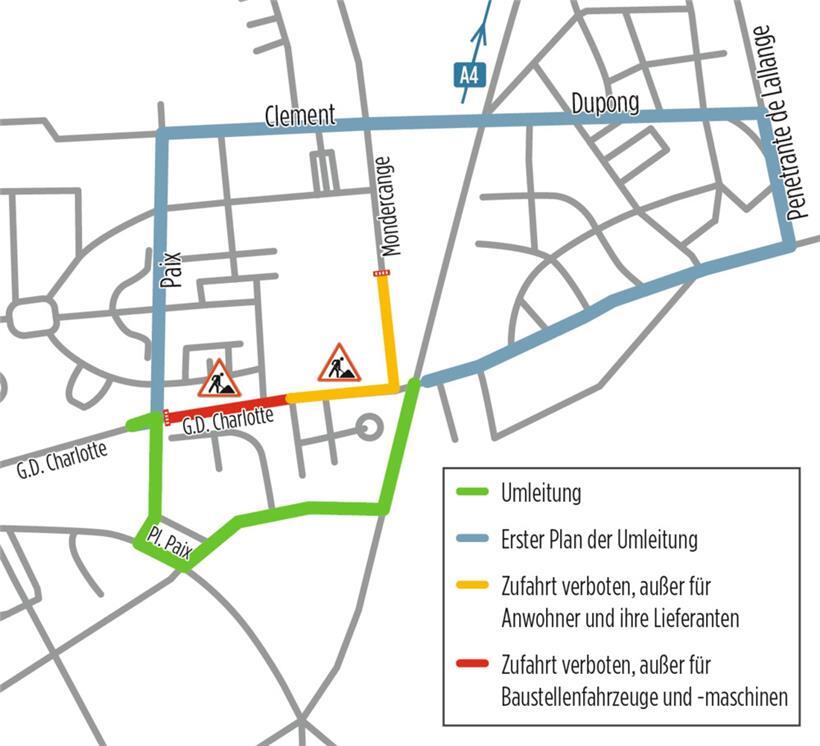 Die Umleitung für den Bvd. Grande-Duchesse Charlotte war anfangs durch Lallingen geplant und wurde anschließend auf die rue Jean-Pierre Michels verschoben
