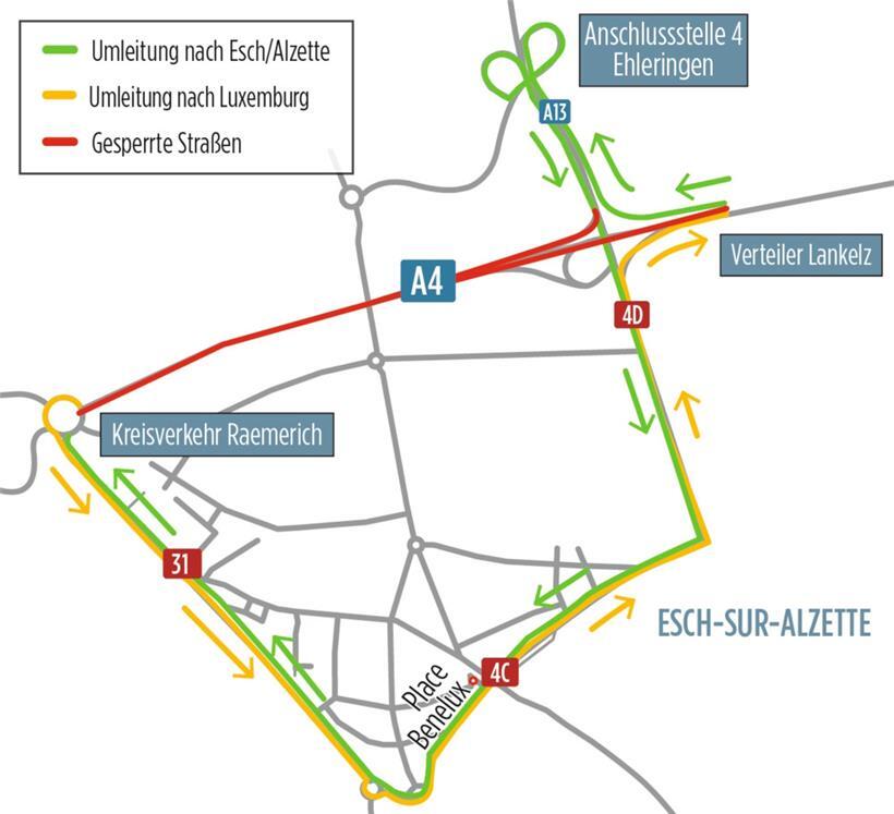 Die Umleitung für die bis Montag, sechs Uhr dauernde Vollsperrung der A4 zwischen Lankelz und Raemerich
