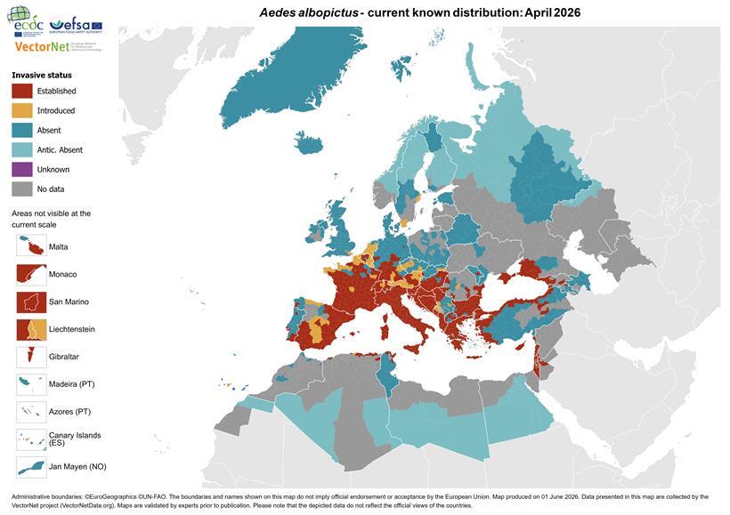 Das West-Nil-Virus verbreitet sich in Europa. Wie wappnet sich Luxemburg? Die Verbreitung der Tigermücke in Europa im April 2026