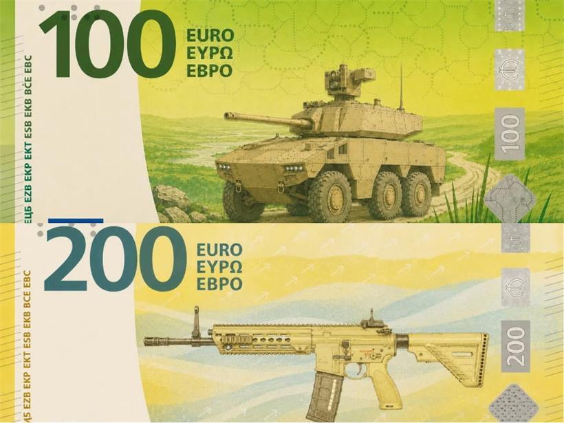 Die Verteidigungsabteilung hat Vorschläge für Eurobanknoten veröffentlicht. Darauf zu sehen: Waffen und Panzer