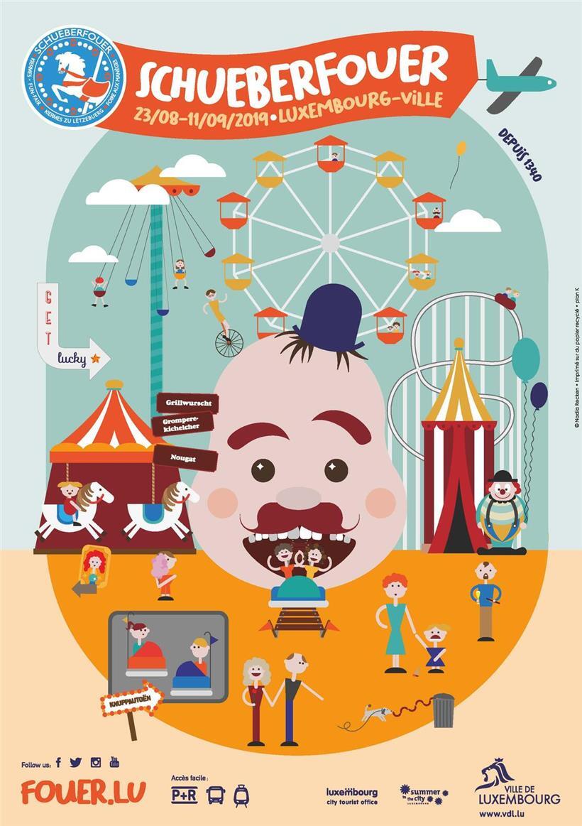 Werbeplakate der Schueberfouer 2019 mit bunten Motiven und Veranstaltungsdaten für das traditionelle Luxemburger Volksfest