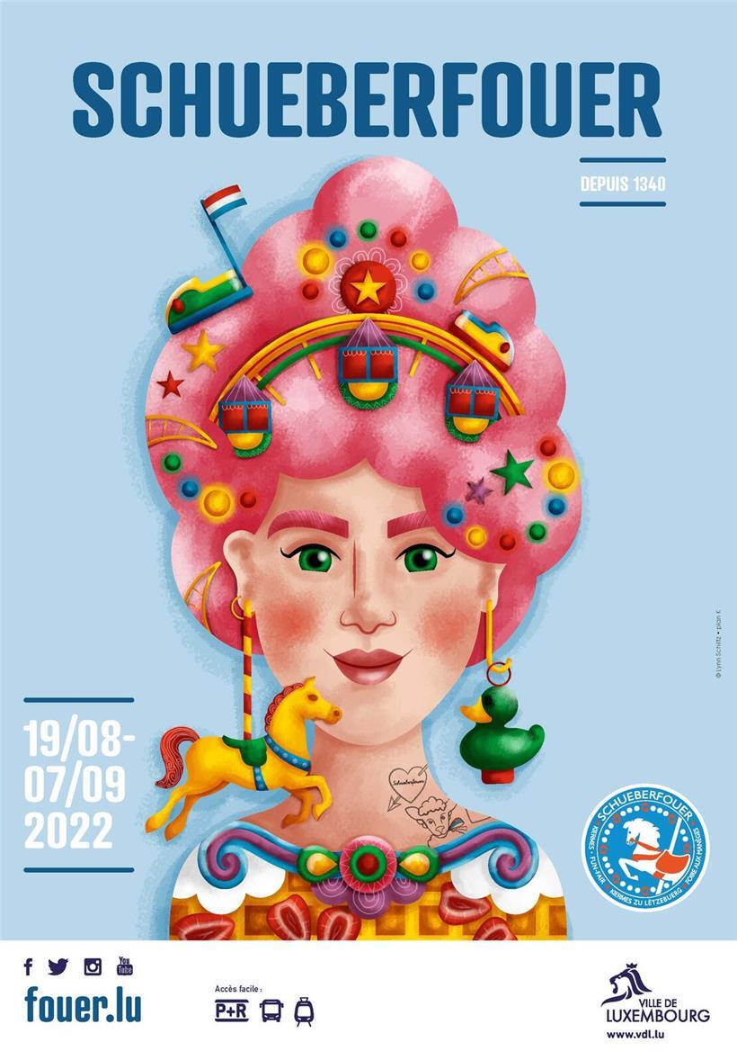 Werbeplakate der Schueberfouer 2022 mit bunten Illustrationen und festlicher Atmosphäre in Luxemburg
