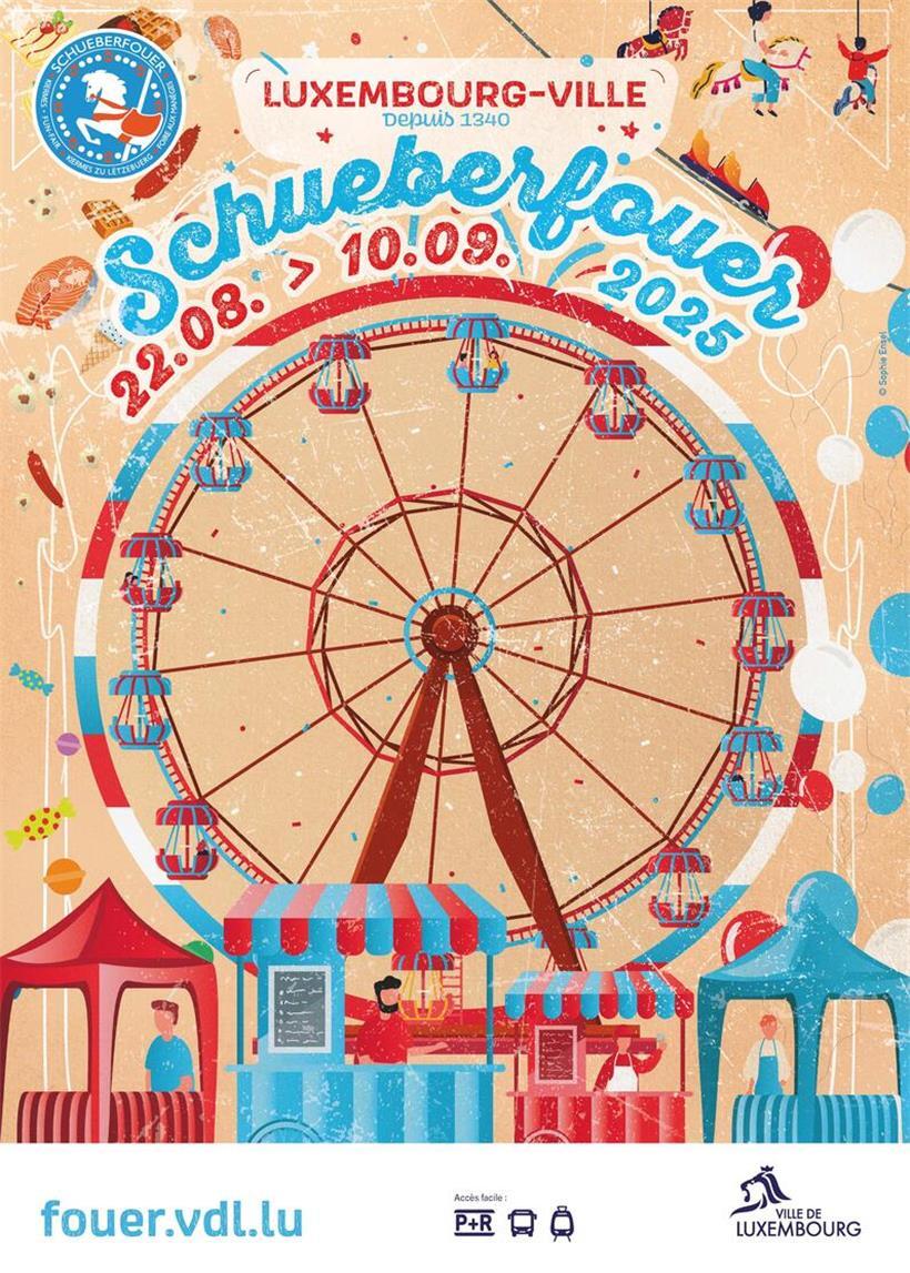 Werbeplakate der Schueberfouer 2025 mit bunten Motiven und traditionellem Jahrmarkt-Design
