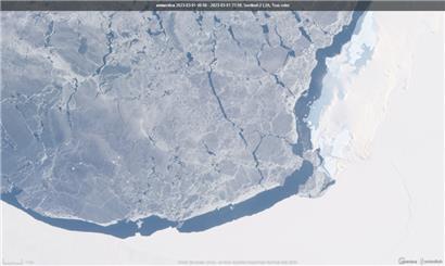Die antarktische Küste vor dem Winter 2023: Satelliten-Blick auf die Gegend um die McMurdo-Station (im Bild nicht zu erkennen) am 1. März 2023
